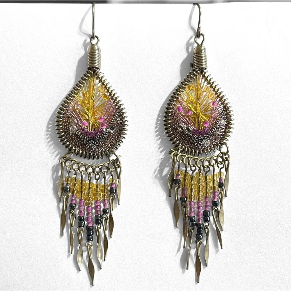 VTG Dreamcatcher Earrings Woven Teardrop Silver Tone Dangle Chandelier 3.5